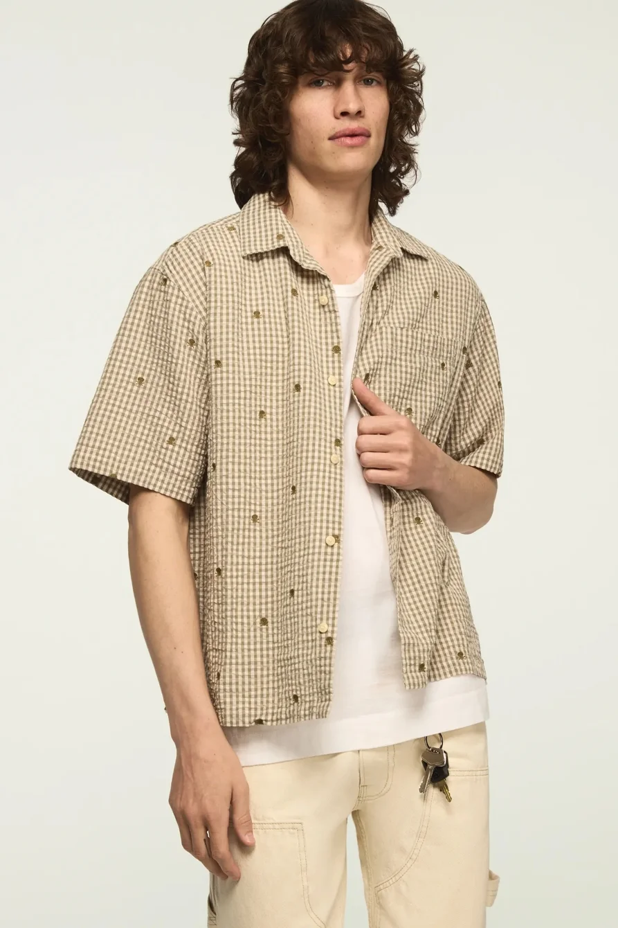 Image of Lucky Brand Short Sleeve Emroidered Plaid Seersucker San Gabriel - Men's Shorts Denim Jean in Green Plaid