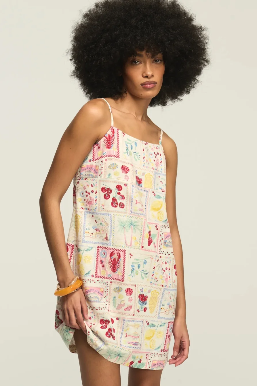 Image of Lucky Brand Conversational Print Mini Slip Mini Dress - Women's Clothing Dresses Mini Dress in Multi Postcard