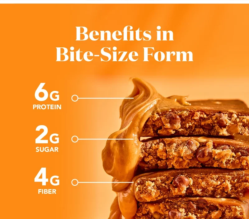 Benefits in bite-size form. 6g protein, 2g sugar, and 4g fiber!