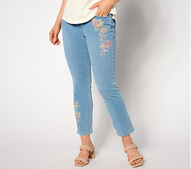 Belle by Kim Gravel Tall Flexibelle FloralStraight Jeans  Size Tall 30  Light Wash
