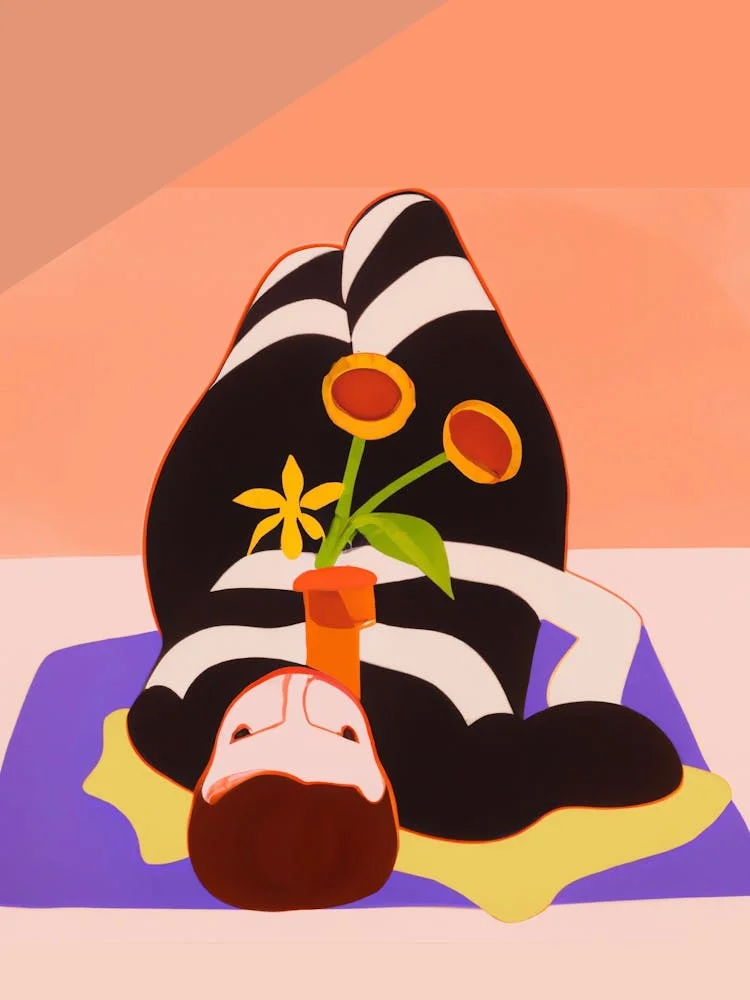 Image of Woman Chilling On The Floor Holding Flowers
