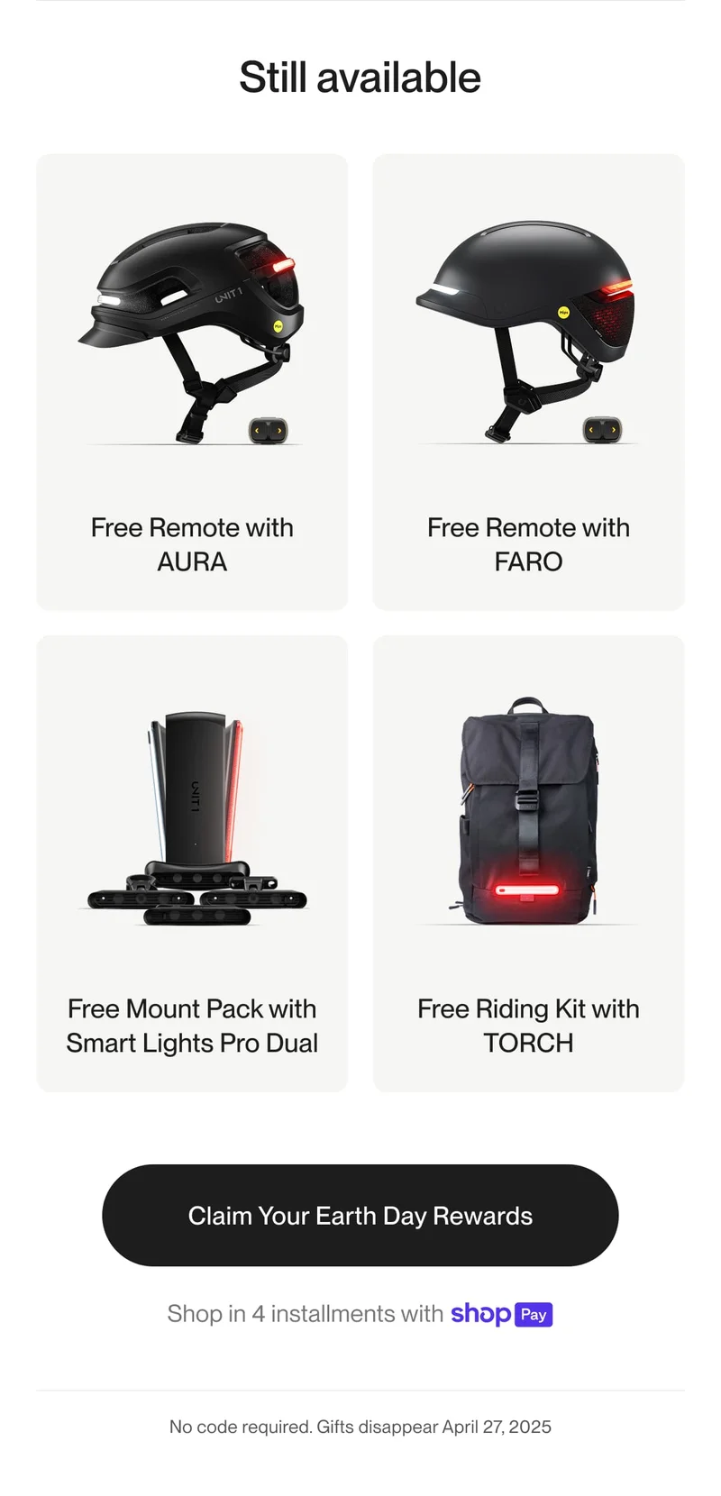 Earth Day campaign rewards: Free Remote with AURA, Free Remote with FARO, Free Mount Pack with Smart Lights Pro Dual, and Free Riding Kit with TORCH—available with eligible purchases.