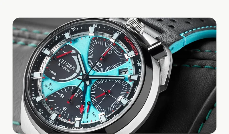Featuring a unique light blue dial, fuel gauge-style power reserve, and speedometer-inspired chrono, all powered by Eco-Drive technology.