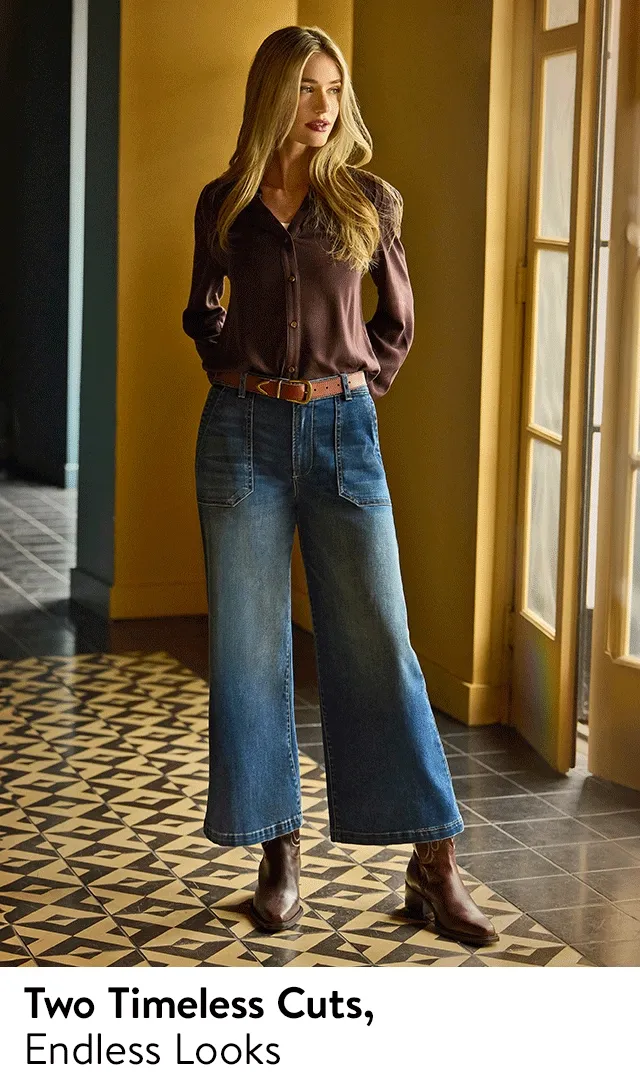 A woman wearing wide-leg jeans with a silky shirt and boots. A woman wearing flared jeans with a denim jacket and boots.