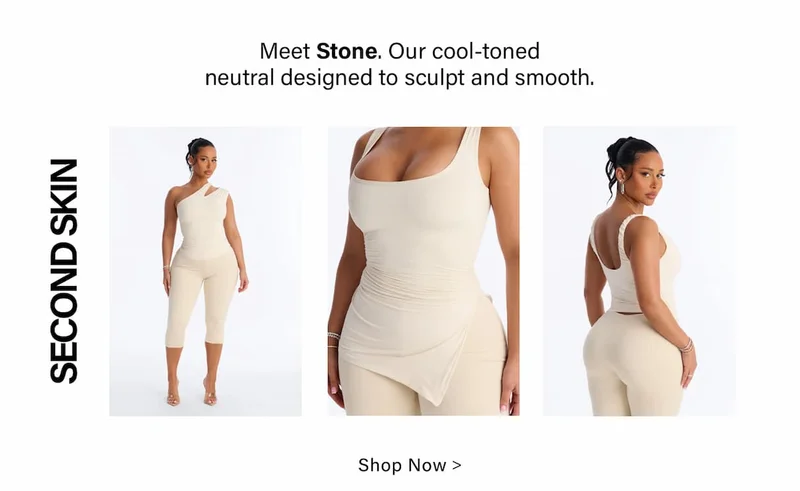 Model in three full-body and close-up views wearing the new Stone cool-toned neutral Second Skin collection, designed to sculpt and smooth.