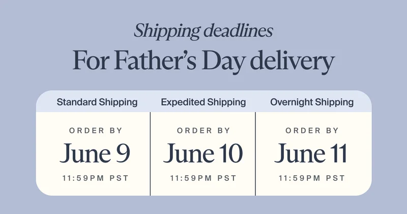 Shipping deadlines | For Father’s Day delivery | Standard Shipping - ORDER BY June 9 - 11:59PM PST | Expedited Shipping - ORDER BY June 10 - 11:59PM PST | Overnight Shipping - ORDER BY June 11 - 11:59PM PST | Shop gifts