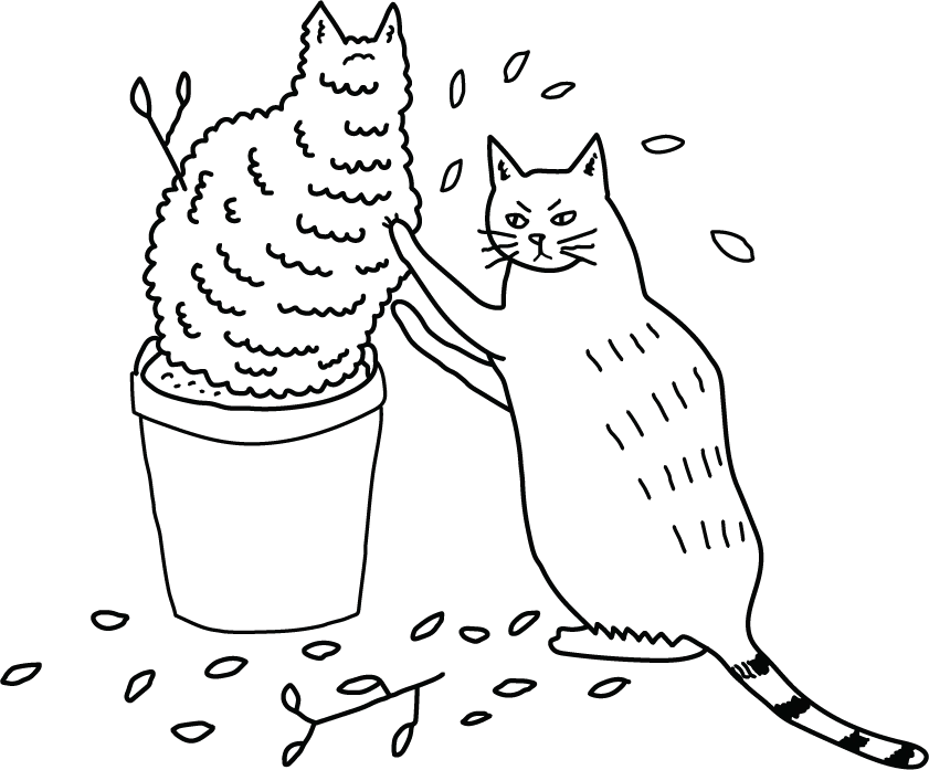 A line drawing of a cat scratching a bush topiary