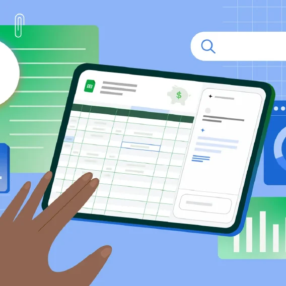 The image shows a hand interacting with a digital tablet displaying a spreadsheet application. The spreadsheet has columns and rows and includes a small illustration of a piggy bank with a dollar sign on it. The tablet is situated in the center of the image, surrounded by abstract representations of other digital elements like a search bar, bar charts, and other documents
