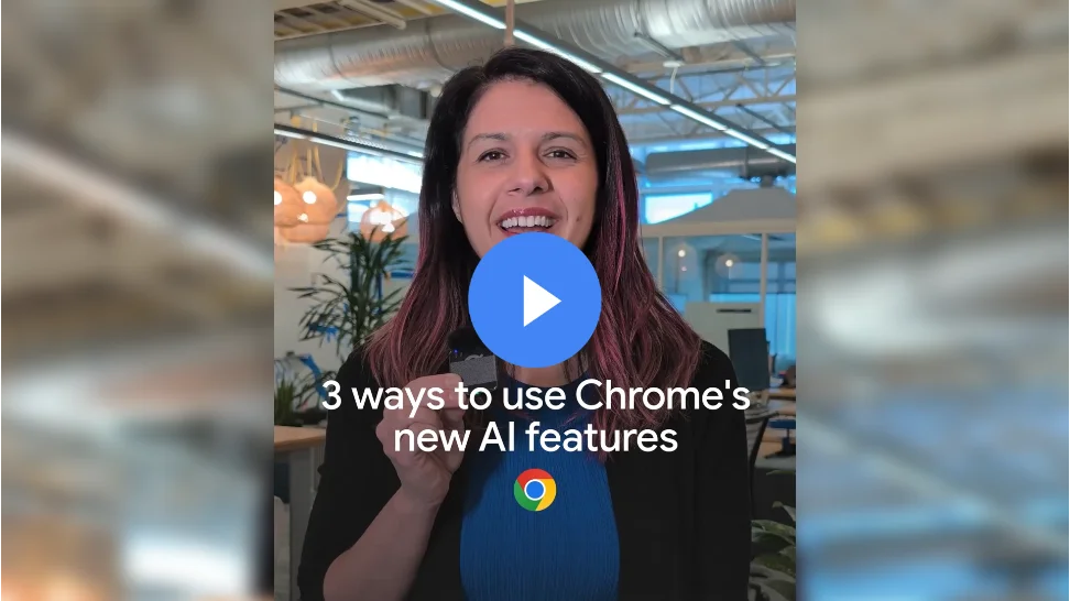 A woman looks into the camera holding a small microphone. There is a play icon overlaid in the center of the image. Below this is reads 3 ways to use Chrome's new AI features
