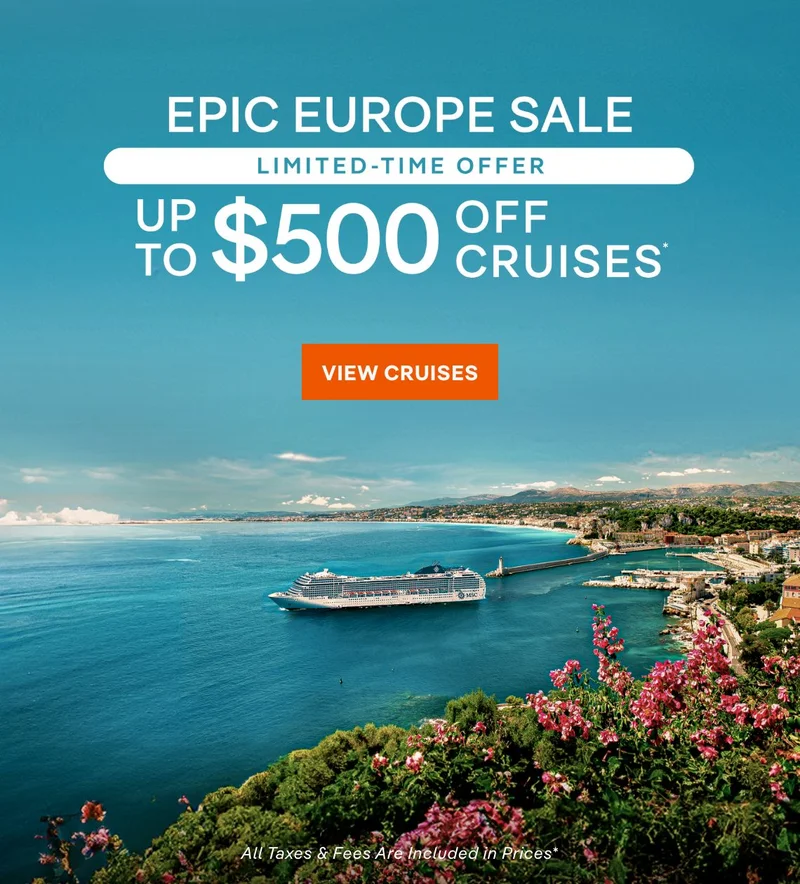 Epic Europe Sale – Up to $500 Off Cruises* – Click to View Cruises & Book Now – All Taxes & Fees Are Included in Prices* Epic Europe Sale – Up to $500 Off Cruises* – Click to View Cruises & Book Now – All Taxes & Fees Are Included in Prices*