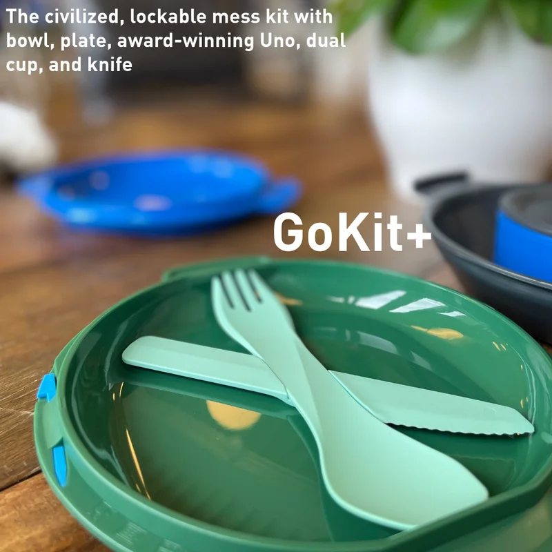 a gokit on a table, with the knife and fork tucked securely to the plate.