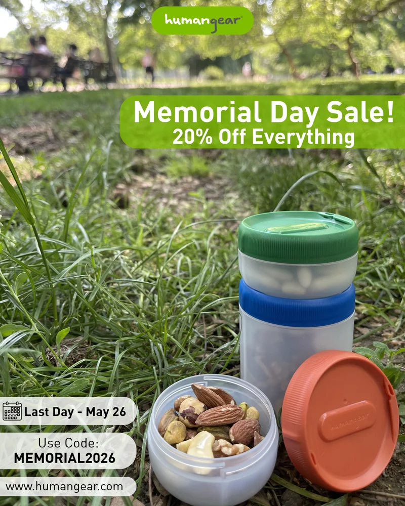 humangear stax with nuts inside container in the park. Memorial day sale! 20% off everything. May 21-25. Use Code: MEMORIAL2026 www.humangear.com