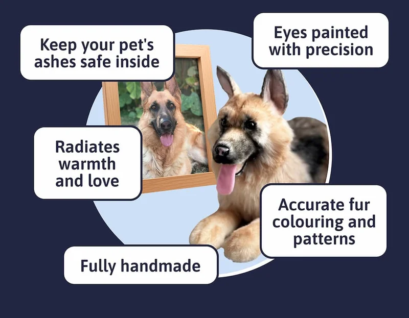 - Fully handmade - Eyes painted with precision - Accurate fur colouring and patterns - Radiates warmth and love - Keep your pet's ashes safe inside