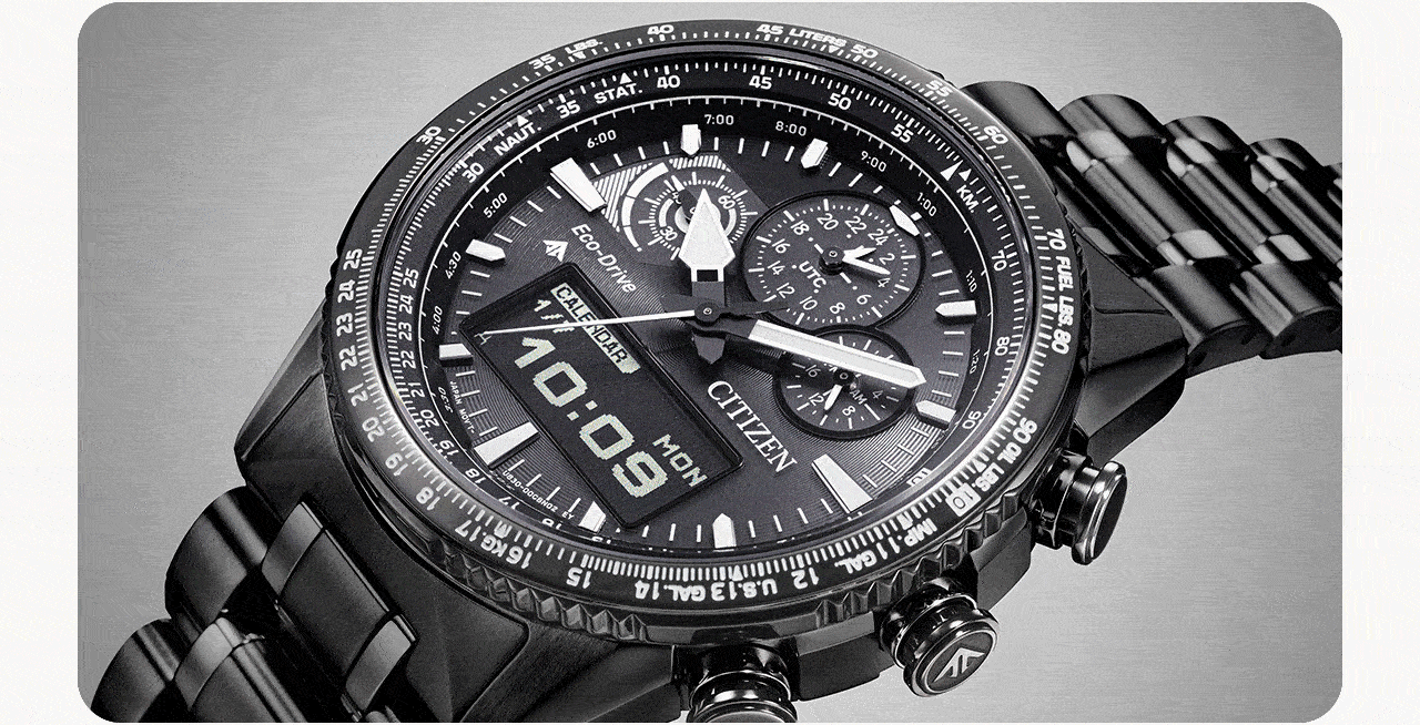 Available in three colorways—powered by any light with our proprietary Eco-Drive technology, this    new series combines intuitive functionality with sleek aviation styling.