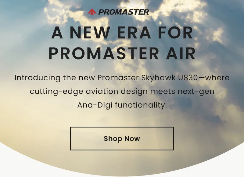 Promaster Logo: A New Era for Promaster Air, Introducing the new Promaster Skyhawk U830—where cutting-edge aviation design meets next-gen Ana-Digi functionality.  Shop Now