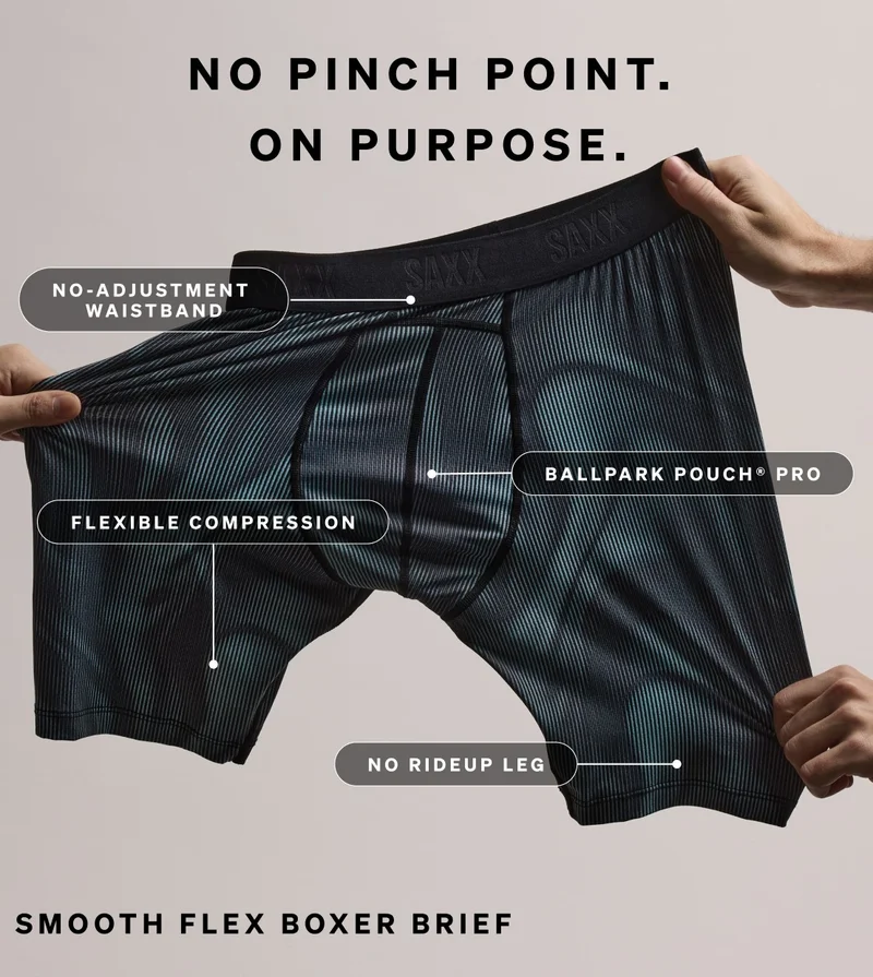 Smooth Flex boxer brief stretched to highlight no-adjustment waistband, BallPark Pouch Pro, flexible compression, and no ride-up leg.