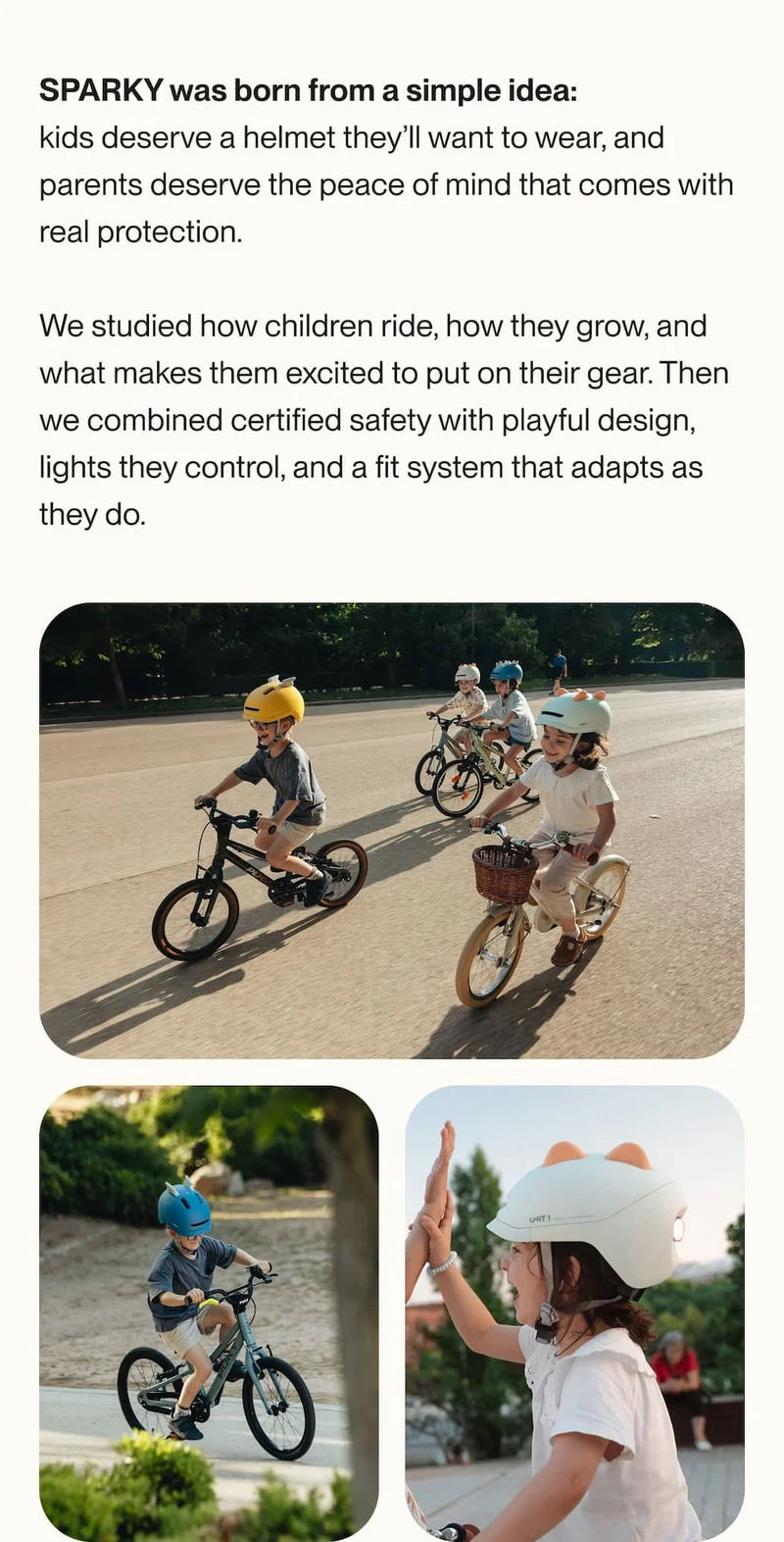 Kids riding bikes wearing colorful SPARKY smart helmets. Designed for safety kids love and parents trust.