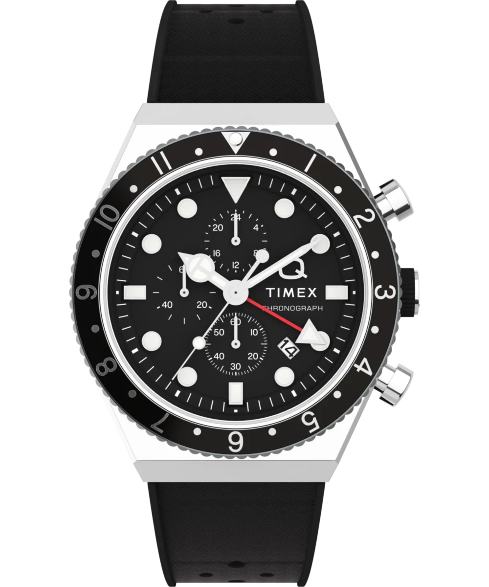 Image of Q Timex 3-Time Zone Chronograph 40mm Synthetic Rubber Strap Watch