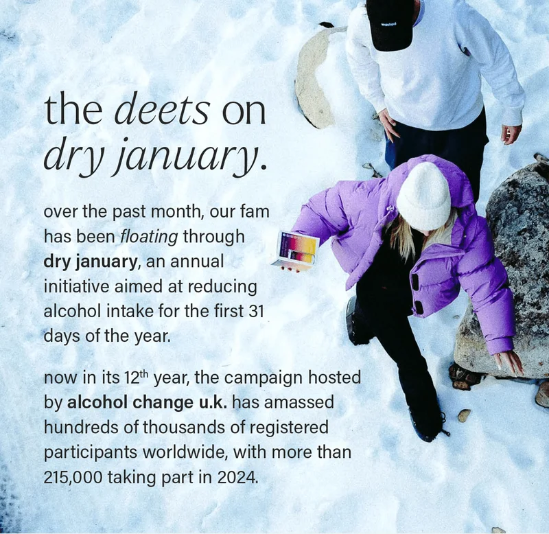 THE DEETS ON DRY JANUARY. over the past month, our fam has been floating through dry january, an annual initiative aimed at reducing alcohol intake for the first 31 days of the year. now in its 12th year, the campaign hosted by alcohol change u.k. has amassed hundreds of thousands of registered participants worldwide, with more than 215,000 taking part in 2024.