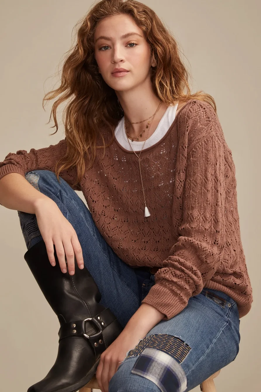 Image of Lucky Brand Crochet Slouchy Pullover Sweater - Women's Clothing Tops Sweaters Pullovers in Turtledove