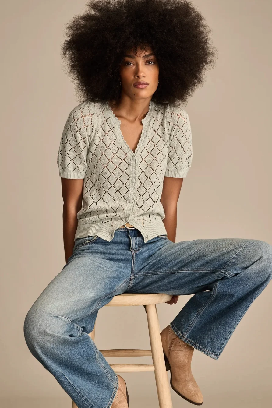 Image of Lucky Brand Puff Sleeve Cardigan - Women's Clothing Tops Sweaters in Aqua Gray