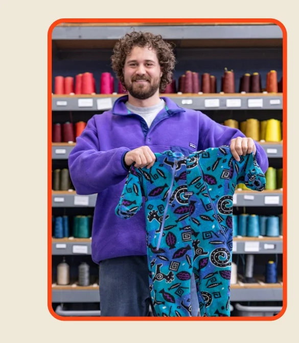 Photos of a person holding up a newly repaired garment and