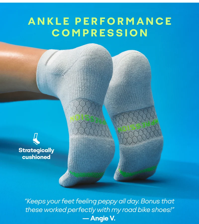 ANKLE PERFORMANCE COMPRESSION. Strategically cushioned. “Keeps your feet feeling peppy all day. Bonus that these worked perfectly with my road bike shoes!” — Angie V.
