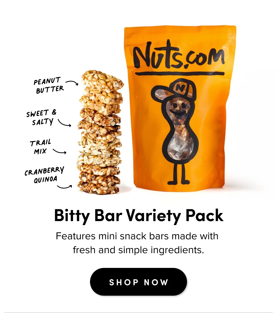 Bitty Bar Variety Pack; Features mini snacks bars made with fresh and simple ingredients; Shop Now