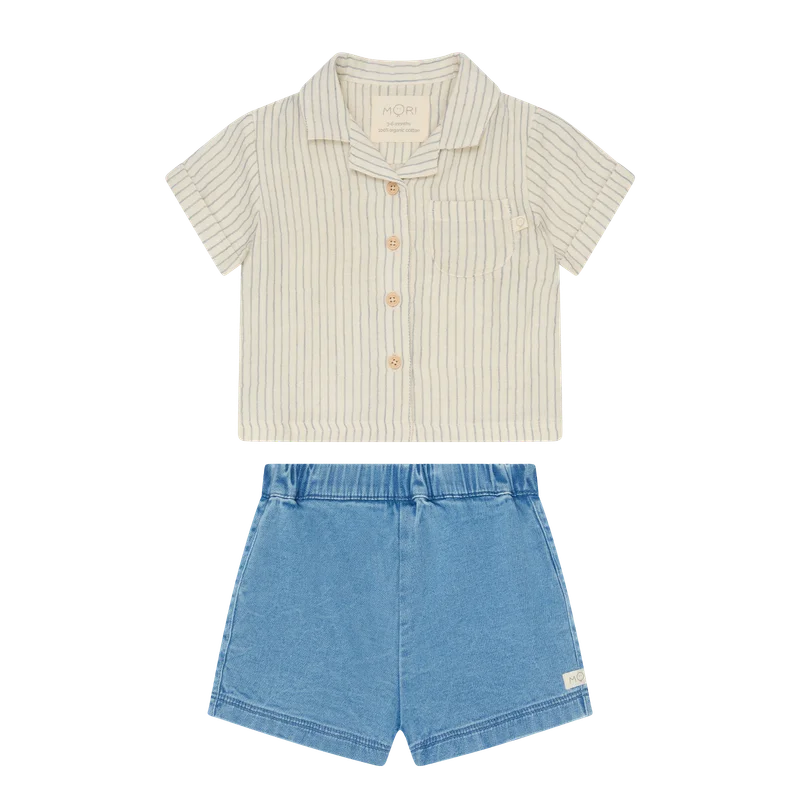 Image of Striped Muslin Short Sleeve Shirt & Denim Shorts Set