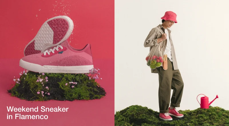 Split graphic of a product shot and an on-model shot of the Weekend Sneaker in Flamenco.