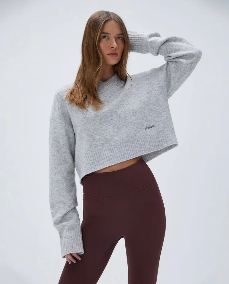 Image of V Neck Knit Sweatshirt - Light Grey Melange