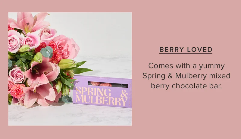 BERRY LOVED: Comes with a yummy Spring & Mulberry mixed berry chocolate bar.