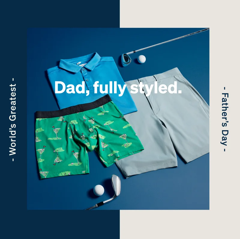 Father's Day outfit picks featuring a polo shirt, golf-print underwear, and performance shorts.