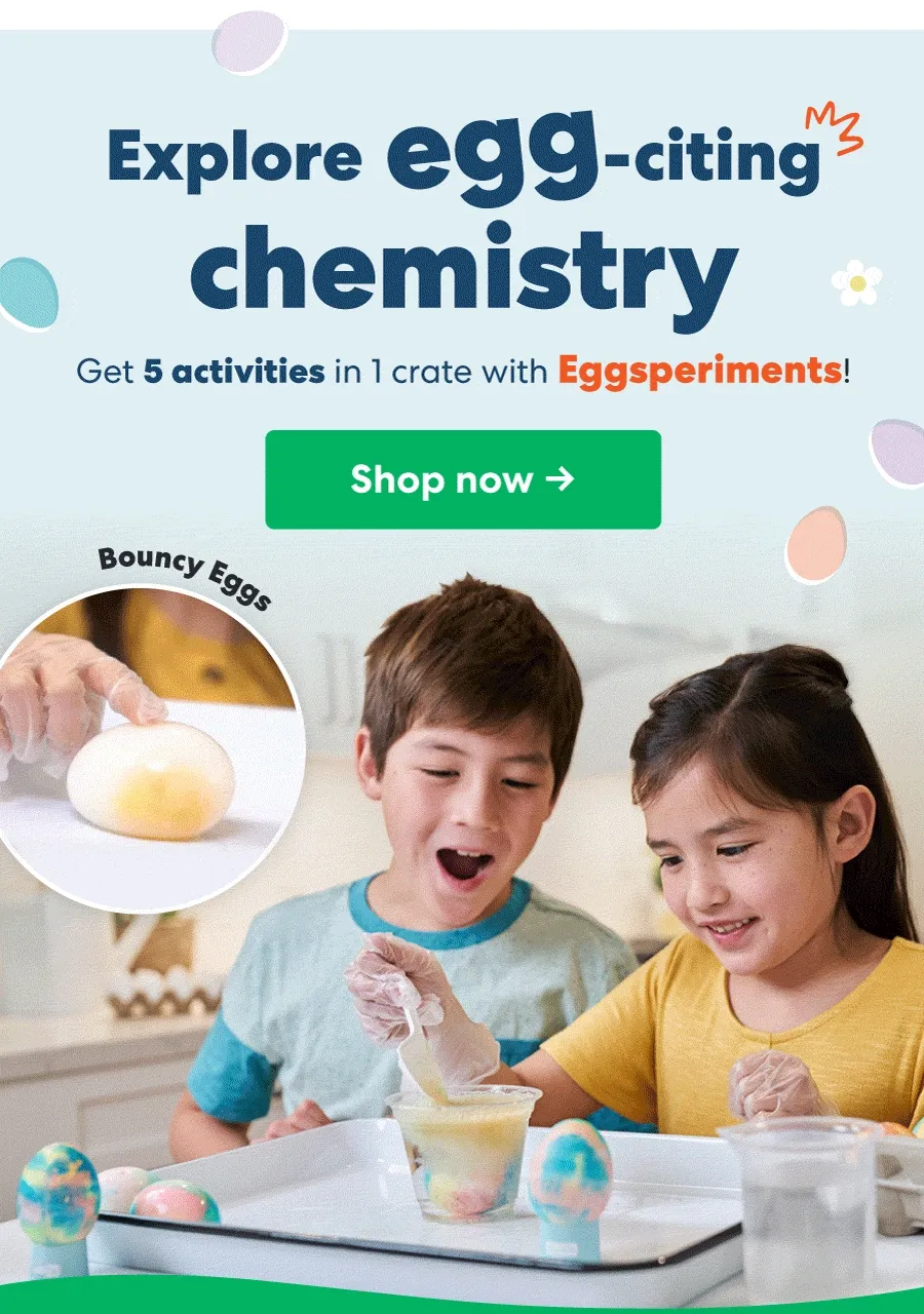 Two children enthusiastically conduct a chemistry experiment using eggs. One child pours a liquid into a glass while another child watches with excitement. The text reads, ''Explore egg-citing chemistry – Get 5 activities in 1 crate with Eggsperiments!''