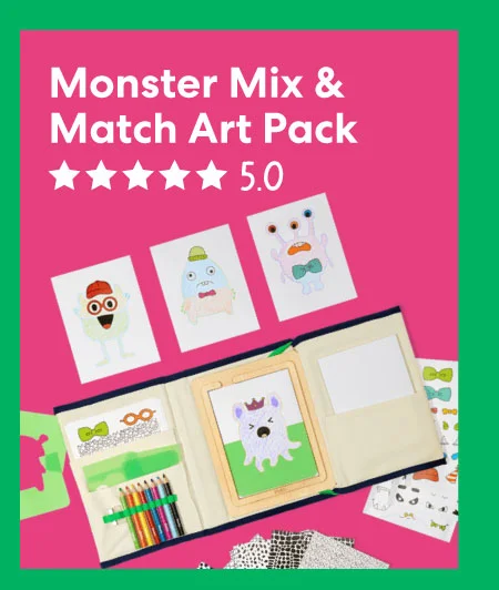 A colorful art pack showcasing vibrant monster-themed cards and drawing materials, labeled ''Monster Mix & Match Art Pack – ★★★★★ 5.0''.
