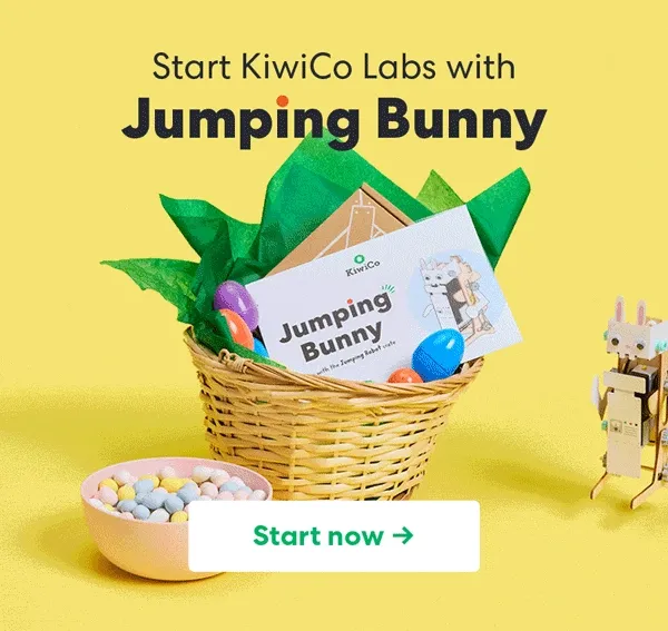 An animated image of a festive Easter basket filled with KiwiCo Labs' ''Jumping Bunny'' project materials, surrounded by colorful candies and craft supplies. The text reads, ''Start KiwiCo Labs with Jumping Bunny – Start Now ➔''.