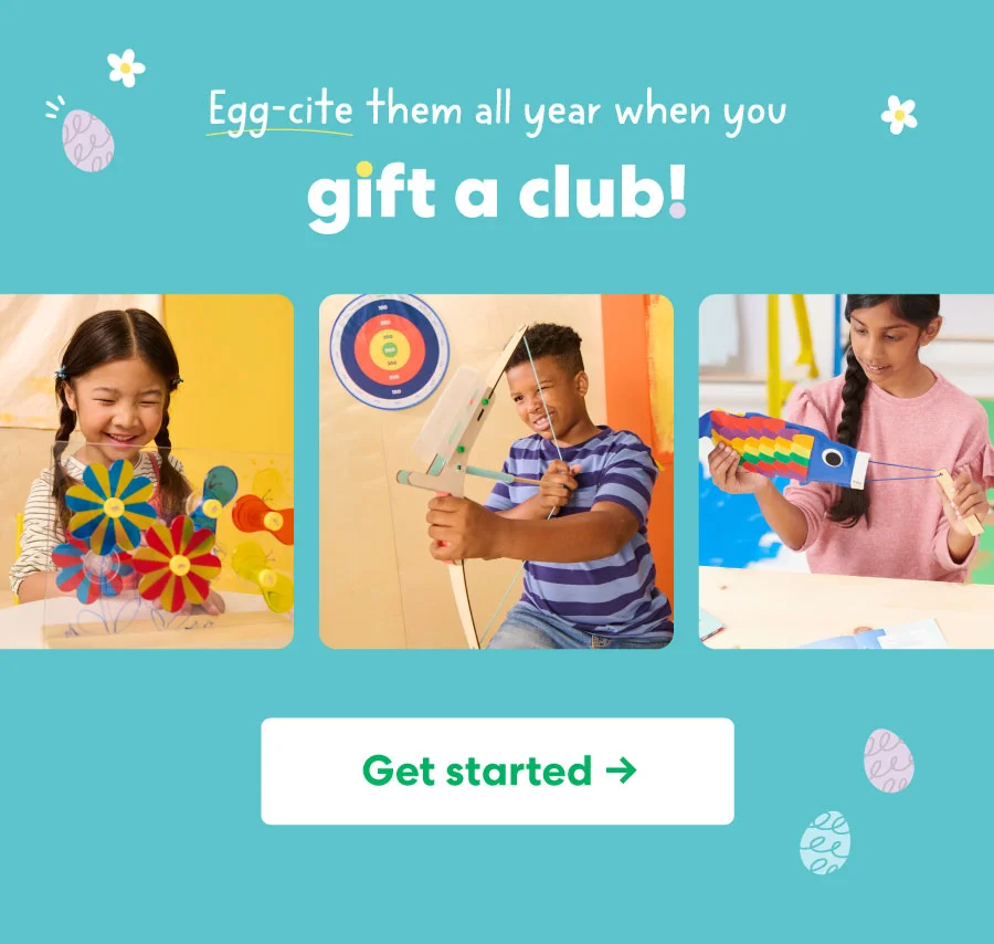 A blue banner featuring kids engaged in various KiwiCo activities, with the text ''Egg-cite them all year when you gift a club!'' and a ''Get Started'' button.