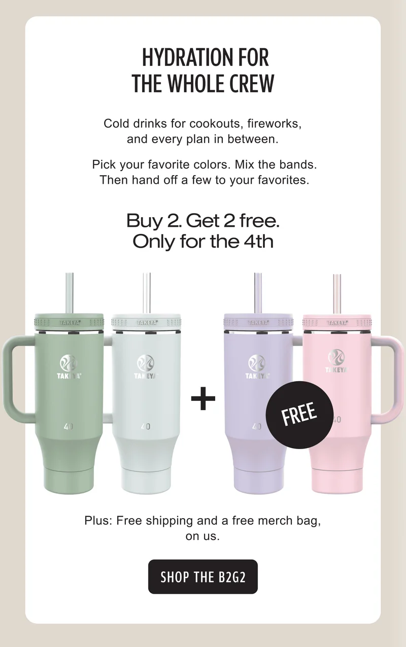 Hydration for the whole crew | Cold drinks for cookouts, fireworks, and every plan in between. | Pick your favorite colors. Mix the bands. Then hand off a few to your favorites. | Buy 2. Get 2 free. Only for the 4th | Plus: Free shipping and a free merch bag, on us. | Shop the B2G2