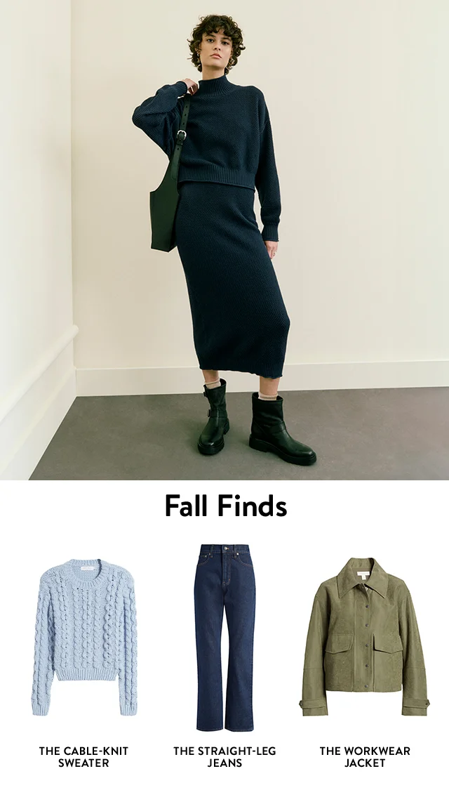 A woman wearing a turtleneck top with a matching pencil skirt and black boots. A blue cable-knit sweater, green workwear jacket and pair of straight-leg jeans.