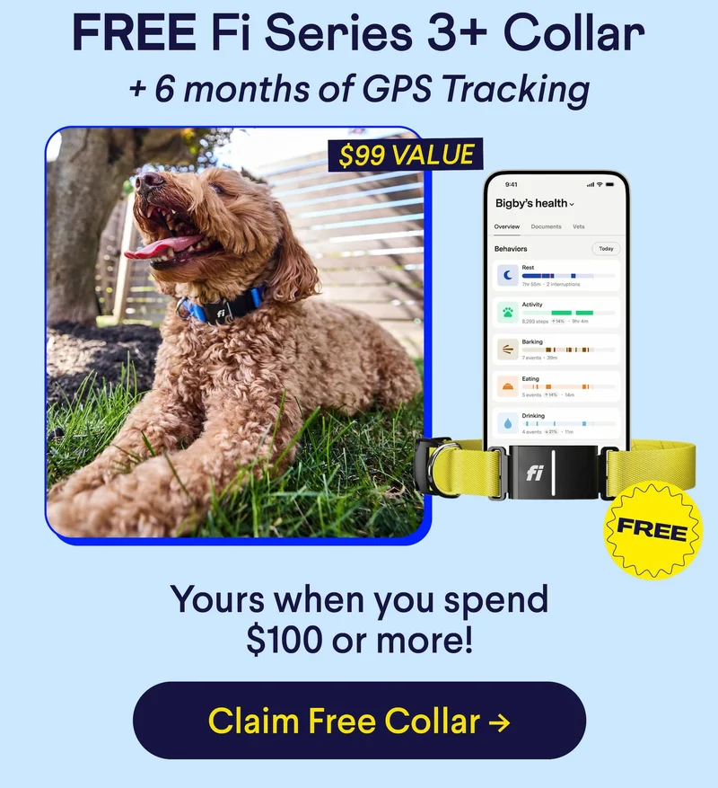 FREE Fi Series 3+ Collar PLUS 6 months of GPS Tracking ($99 Value) Yours when you spend $100+ | Claim Free Collar –>