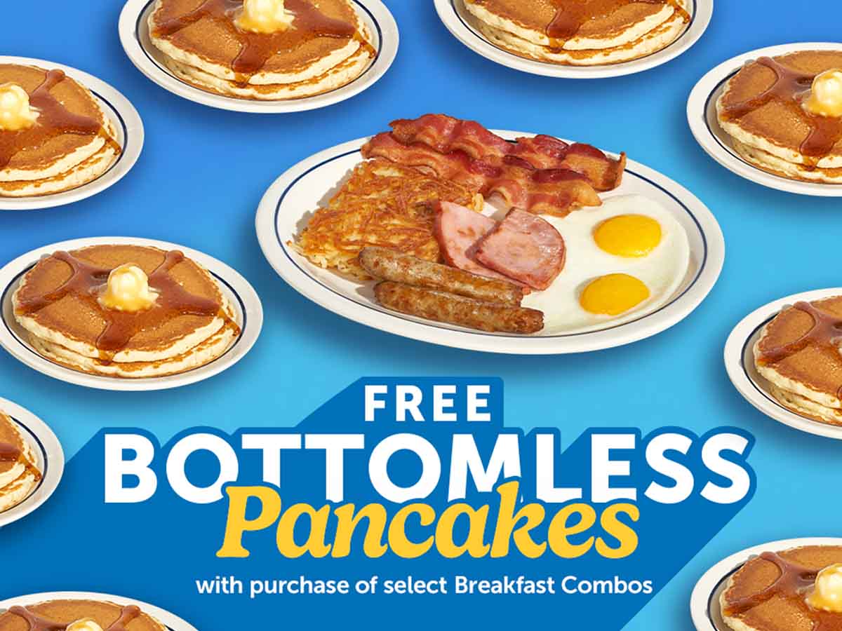 An IHOP Breakfast Combo is on a plate, surrounded by many plates of pancakes, set on a blue background.