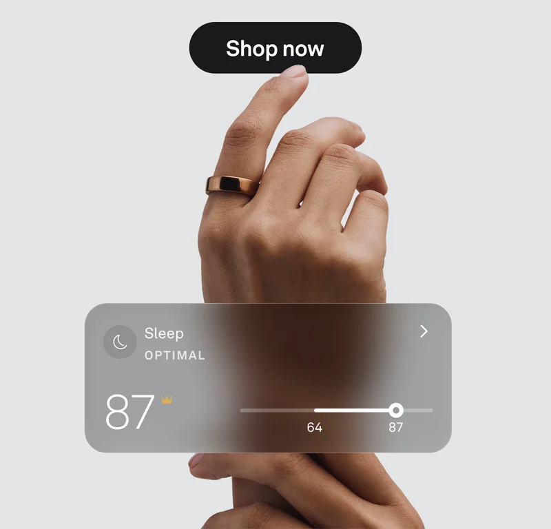Silver Oura Ring 5 on finger. Sleep UI with Optimal score of 87.