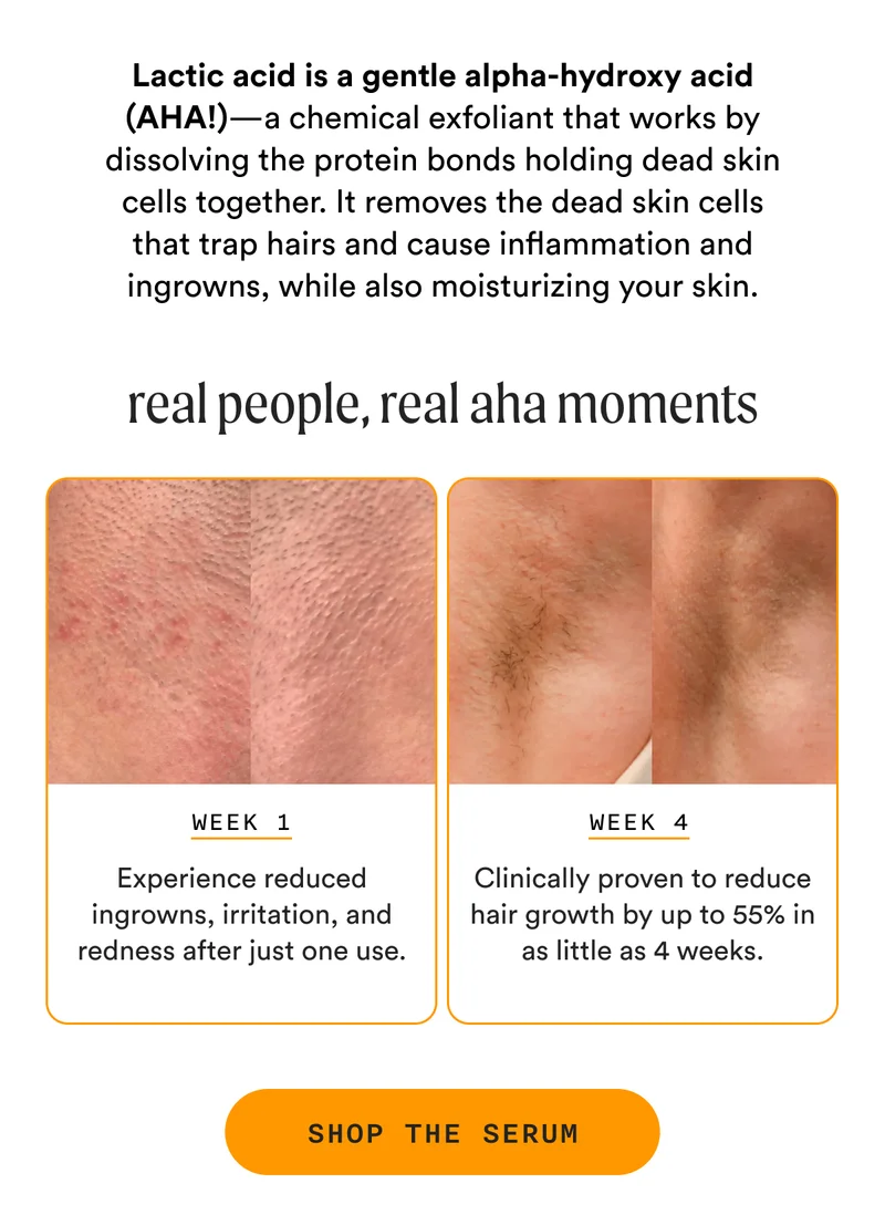 Lactic acid is a gentle alpha-hydroxy acid (AHA!)—a chemical exfoliant that works by dissolving the protein bonds holding dead skin cells together. It removes the dead skin cells that trap hairs and cause inflammation and ingrowns, while also moisturizing your skin. - Real People, Real Aha Moments - Customer Before & After Images - Week 1: Experience reduced ingrowns, irritation, and redness after just one use. - Week 4: Clinically proven to reduce hair growth by up to 55% in as little as 4 weeks. - SHOP THE SERUM