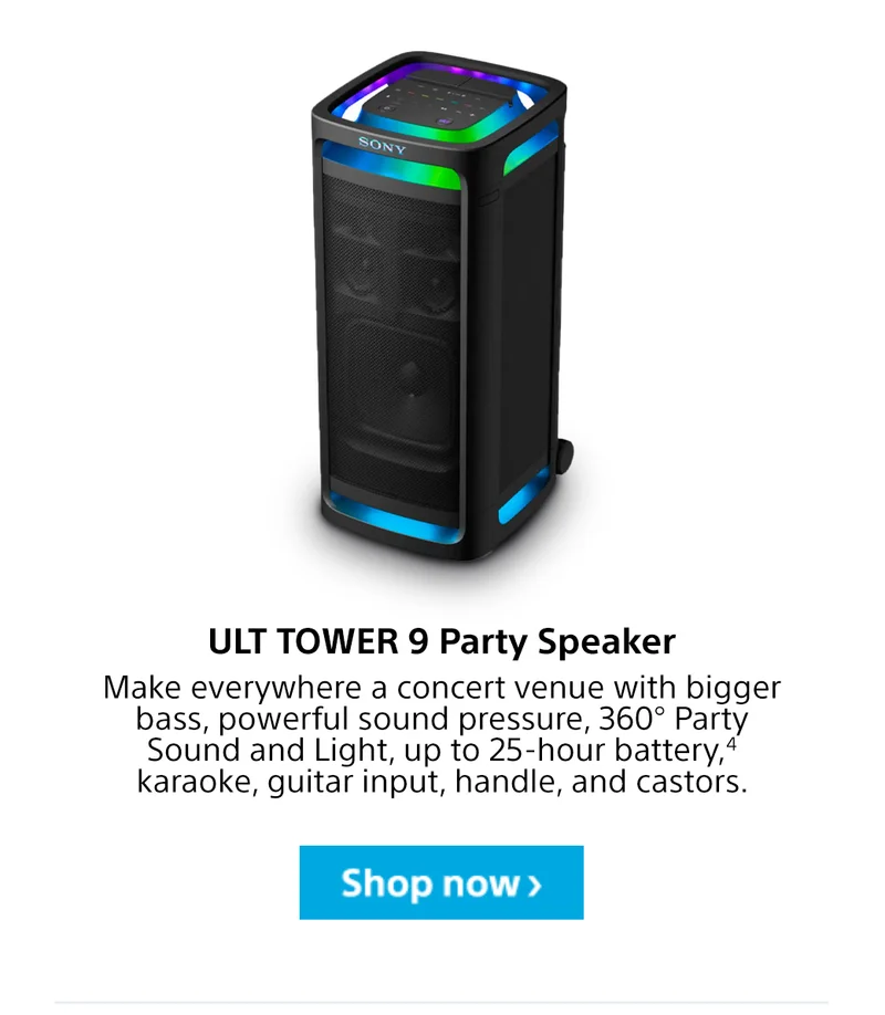 ULT TOWER 9 Party Speaker Make everywhere a concert venue with bigger bass, powerful sound pressure, 360° Party Sound and Light, up to 25-hour battery,4 karaoke, guitar input, handle, and castors. Shop now