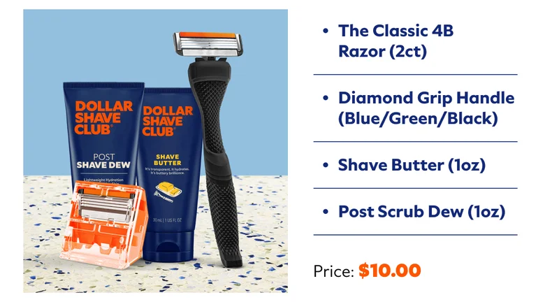 The Classic 4B  Razor (2ct). Diamond Grip Handle (Blue/Green/Black). Shave Butter (1oz). Prep Scrub (1oz).