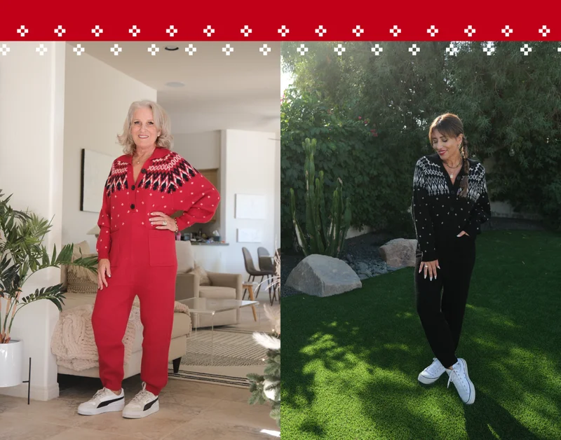 collage of photos of two woman wearing black and red fair jumpsuits