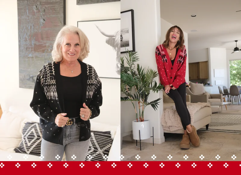 collage of photos of two woman wearing black and red fair isle cardigans