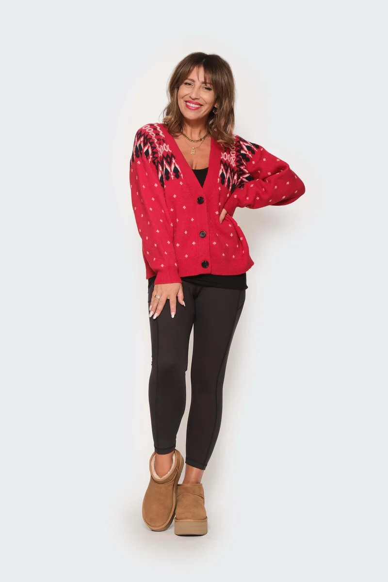 Image of Asher Fair Isle Cardigan in Red Combo