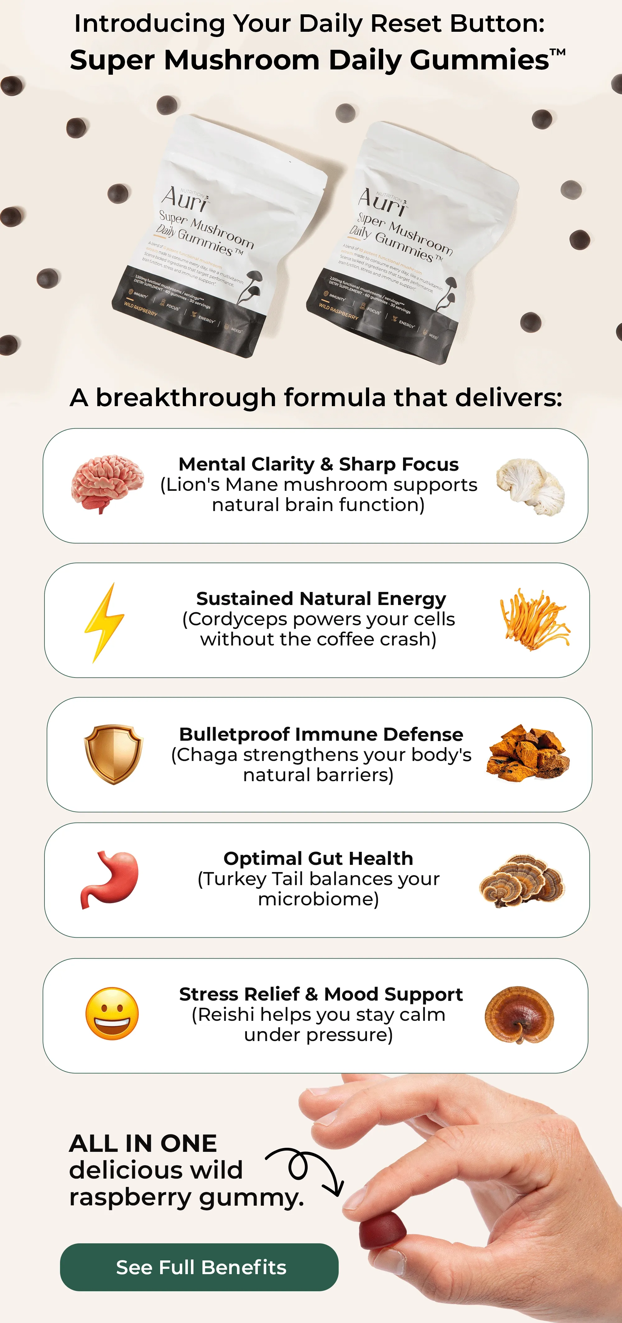 Introducing You Daily Reset Button: Super Mushroom Daily Gummies... A breakthrough formula that delivers: Mental Clarity & Sharp Focur ( Lion's Mane mushroom supports natural brain function) Sustained Natural Energy (Cordyceps powers your cells without the coffee crash) Bulletproof Immune Defense (Chaga Strengthens your body's natural barries) Optimal Gut Health (Turky Tail balance your microbiome) Stress Relief & Mood Support (Reishi helps you stay calm under pressure) ALL IN ONE delicious wild raspberry gummy. SEE FULL BENEFITS.