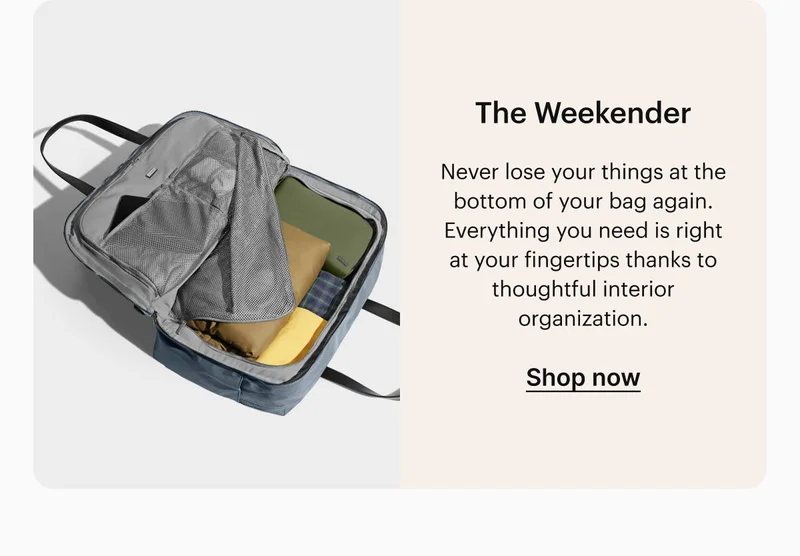 The Weekender. Never lose your things at the bottom of your bag again. Everything you need is right at your fingertips thanks to thoughtful interior organization. Shop now